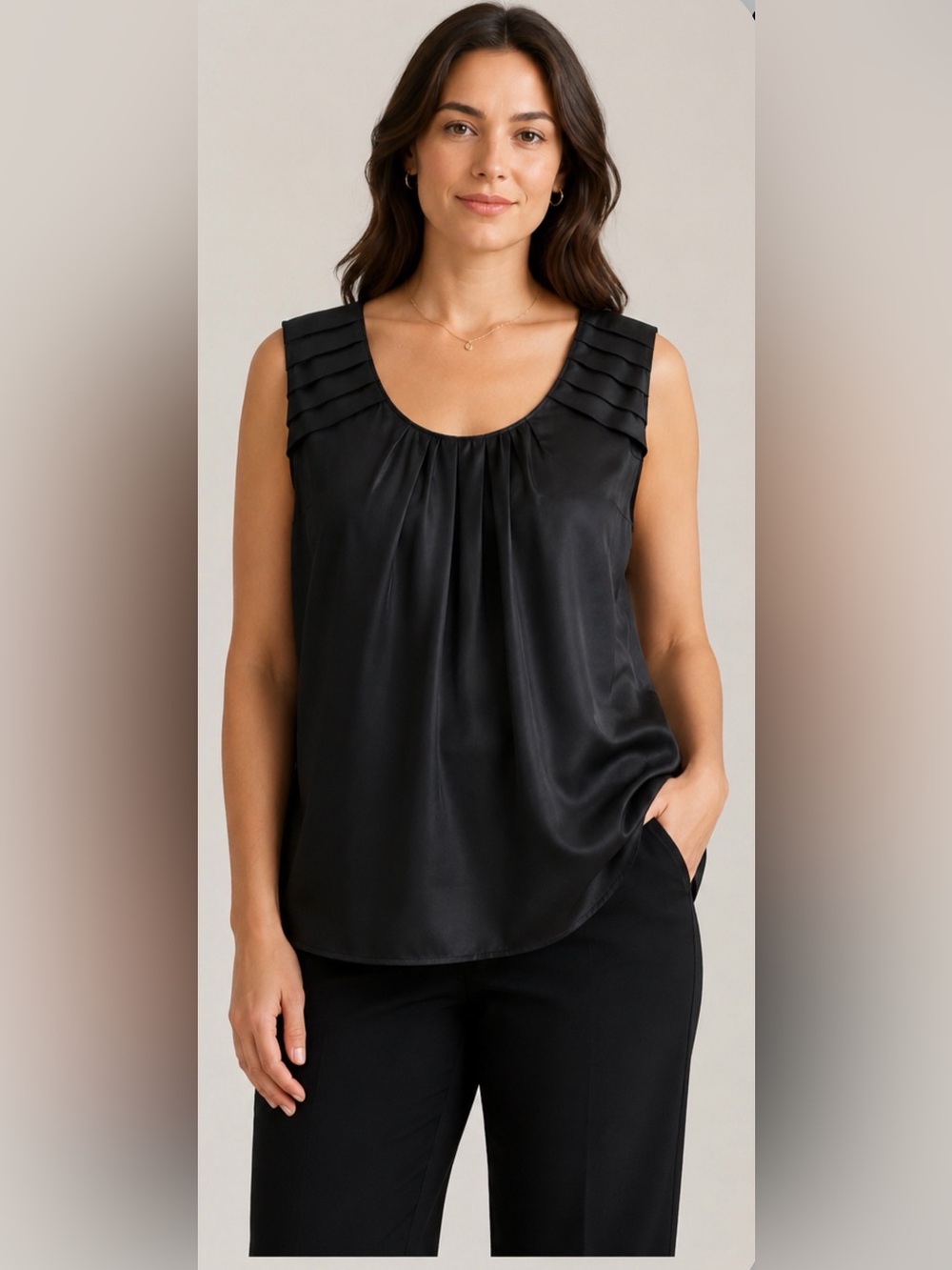 Semantiks 14W Black Silk Blend Sleeveless Blouse Pleated Shoulder Plus Size